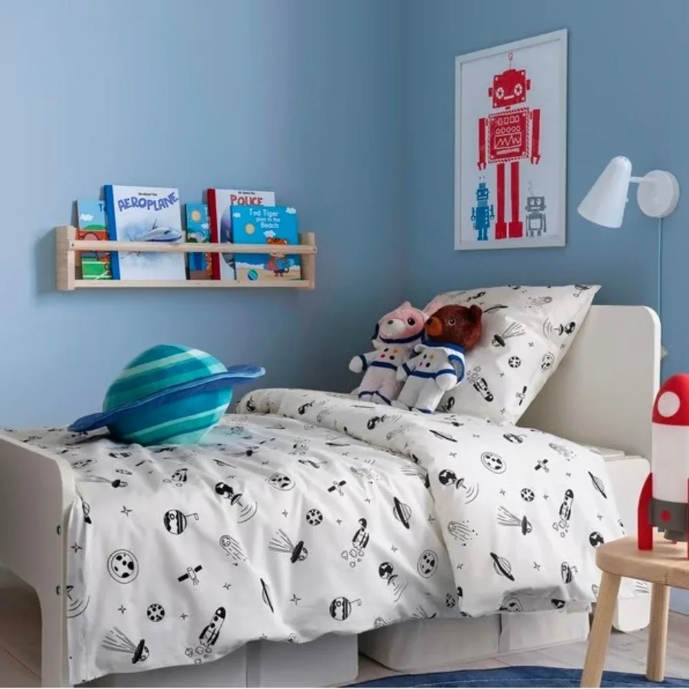 IKEA AFTONSPARV Twin Duvet Cover Set Space UFO Planet White Black 905.540.34 NEW